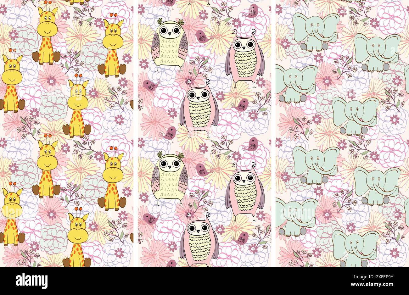 Vector illustration with cartoon animals with flowers. Seamless pattern ...