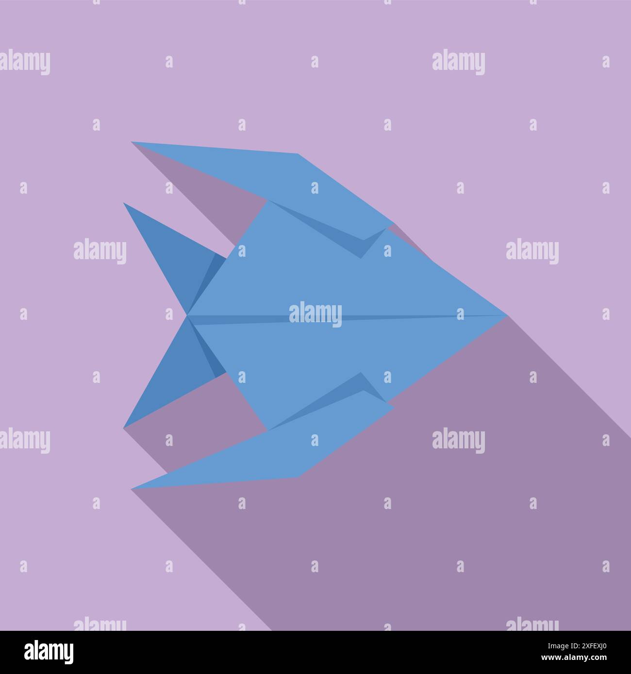Blue origami fish folded from paper casting a long shadow on a purple ...