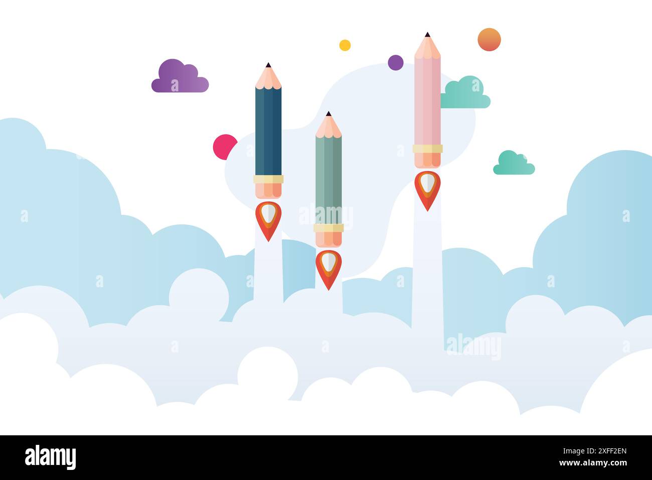 Pencil rockets launching in the sky. Education concept. Vector ...