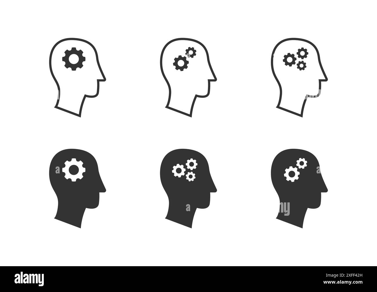 Gear in head icon set. Human head with cogwheels inside. Man head mind