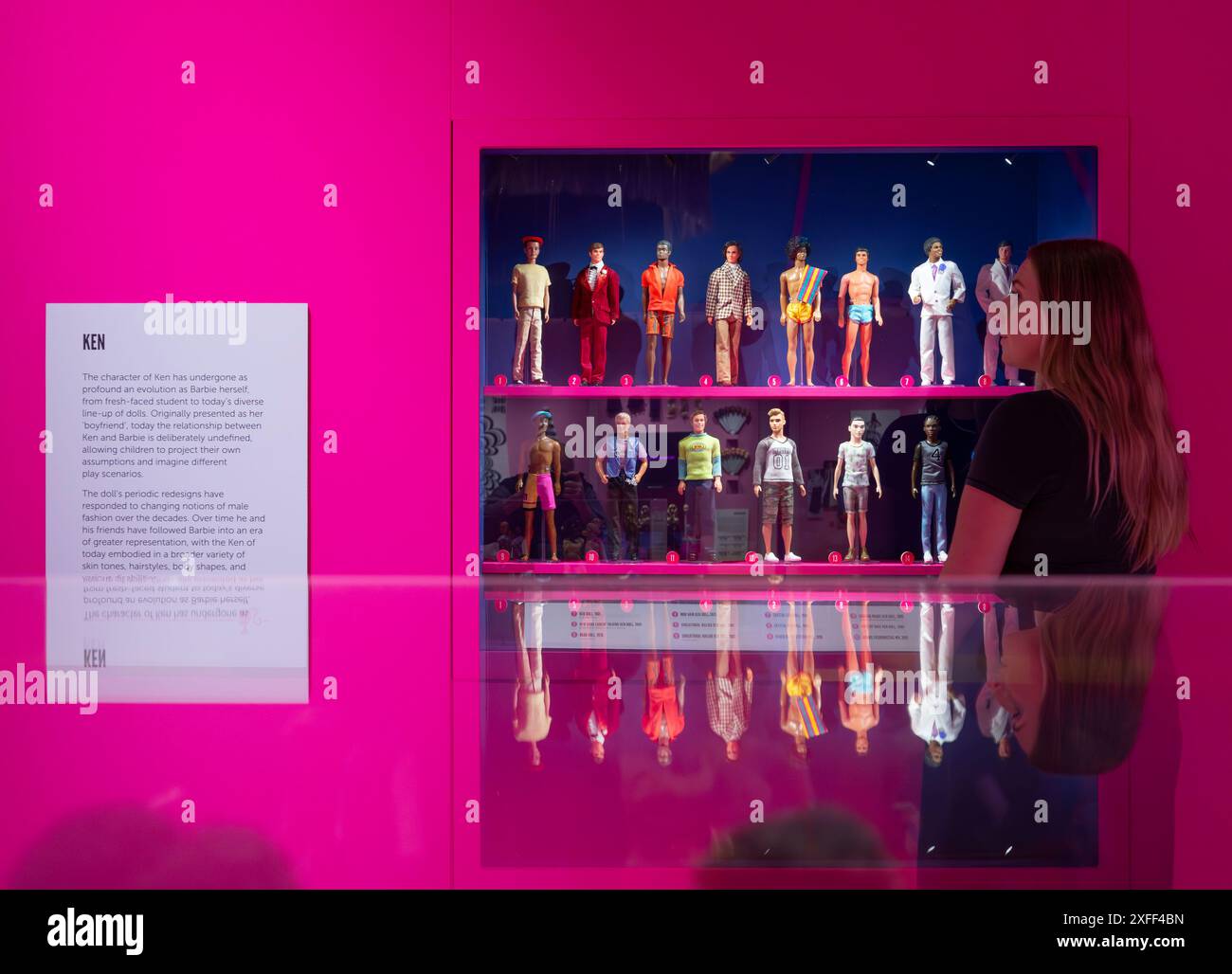 The Design Museum, London, UK, 3 July 2024. Barbie® - The Exhibition, the world's most famous doll. Opening to coincide with the 65th anniversary of the Barbie brand in 2024, the exhibition explores the story of Barbie through a design lens, including fashion, architecture, furniture and vehicle design. Image: The design evolution of Ken to today’s diverse line-up of dolls. Credit: Malcolm Park/Alamy Live News Stock Photo