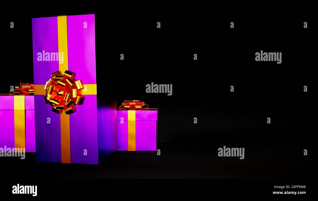 Halloween gift boxes with orange and purple colors isolated on black background and copy space. 3d render. Stock Photo
