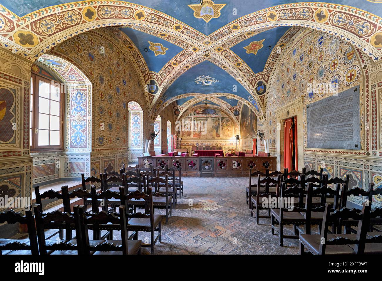 Volterra Tuscany Italy. Palazzo dei Priori. Town Hall. Frescoed Sala del Consiglio (Hall of the Council) Stock Photo