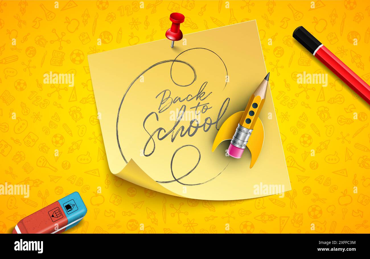 Back to School Design with Flying Rocket Pencil and Typography ...