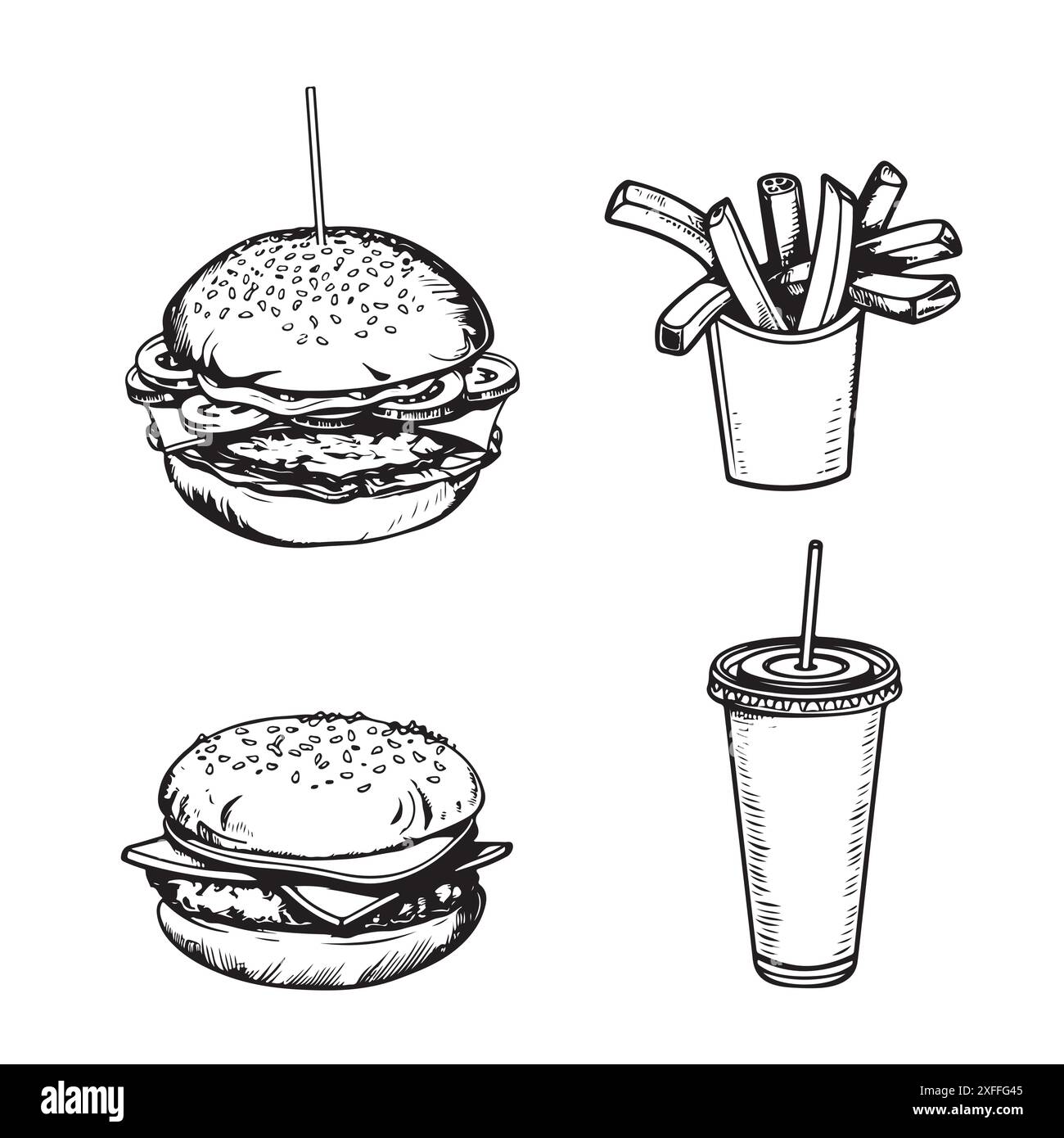 Vector set of fast food. Vector illustration in sketch style Stock ...