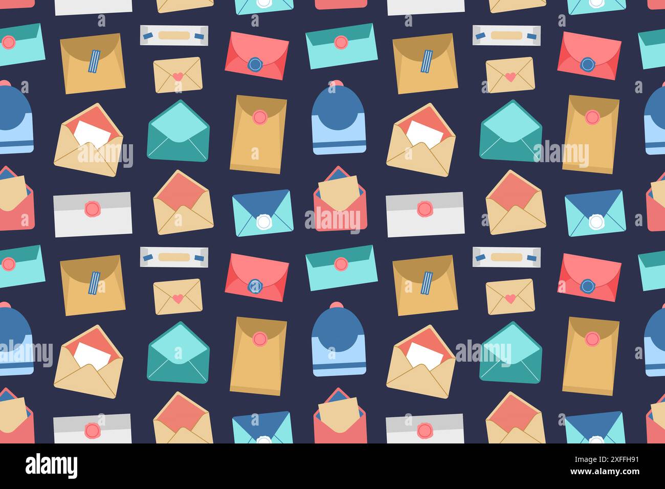 Seamless pattern with various mail envelopes. Vector background for postal delivery. Flat design. Letters texture Stock Vector