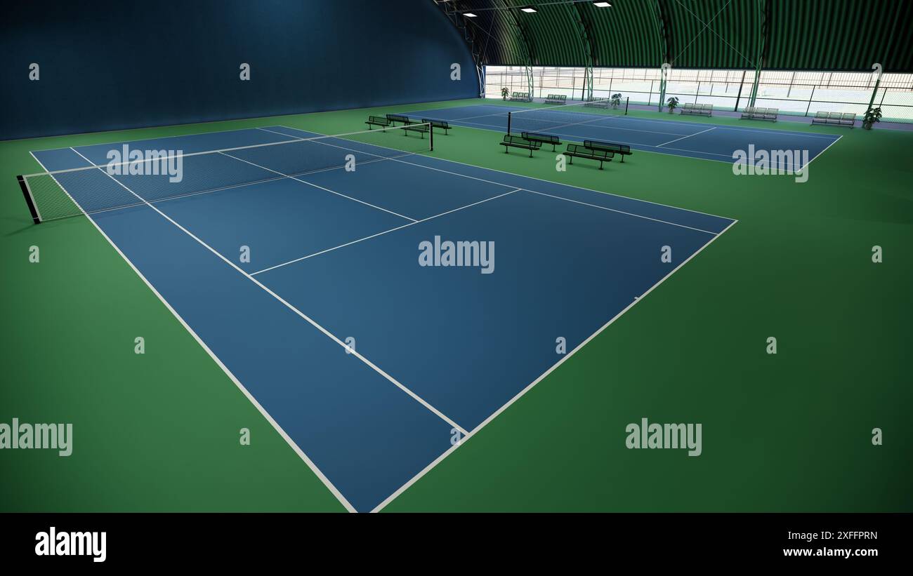 tennis court indoor with blue and green surface, equipped with lights ...