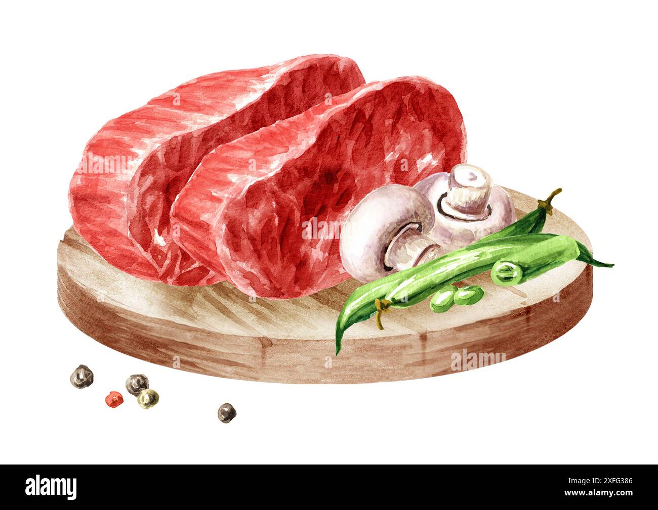 Fresh raw beef steakes, food cooking concepts. Hand drawn watercolor ...