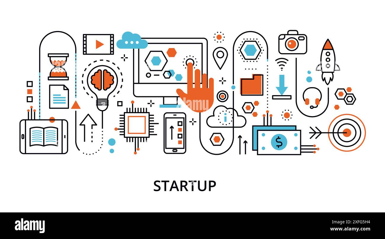 Modern flat thin line design vector illustration, concept of startup ...