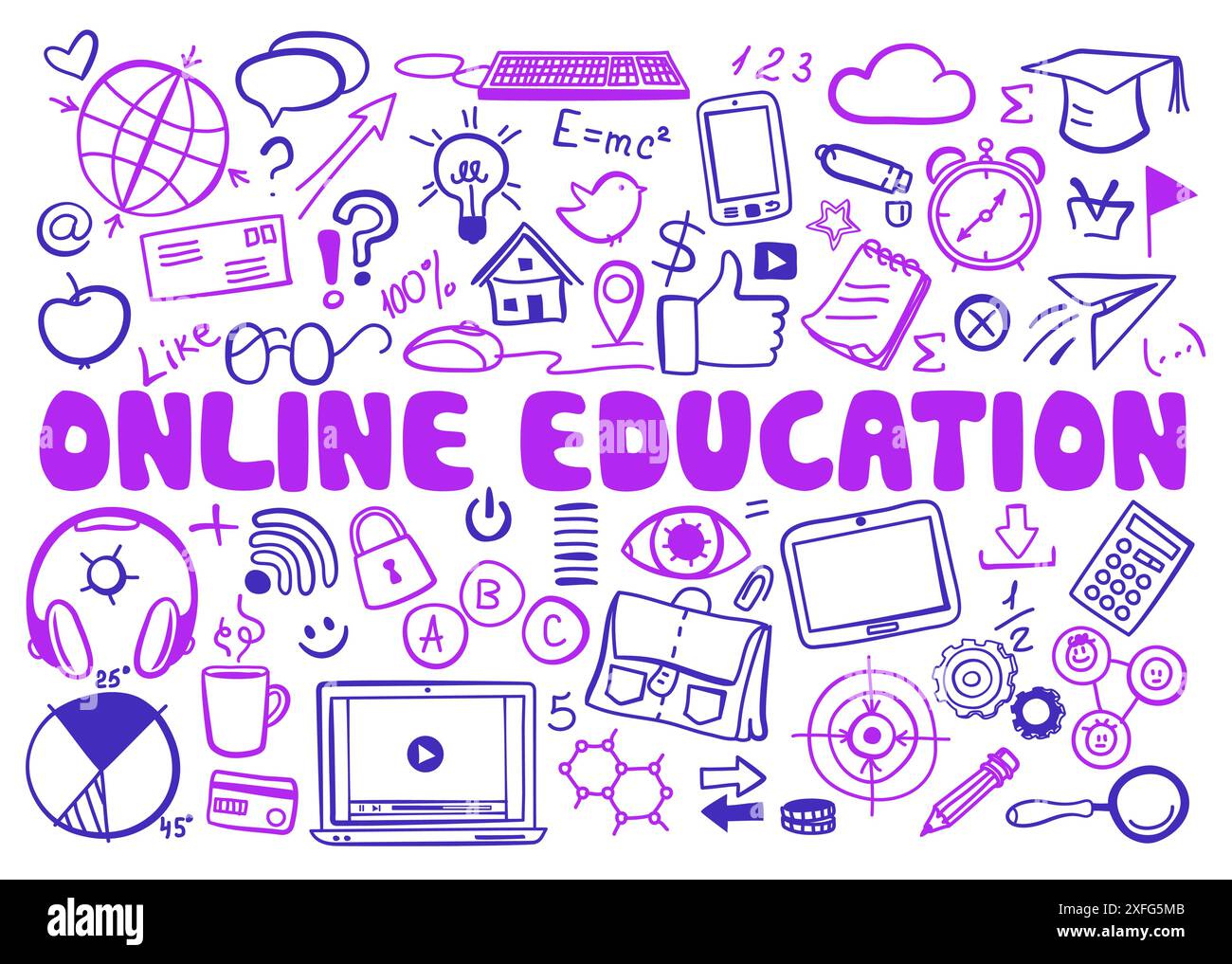 Hand drawn design vector illustration, set of online education icons in doodle style, for graphic and web design Stock Vector