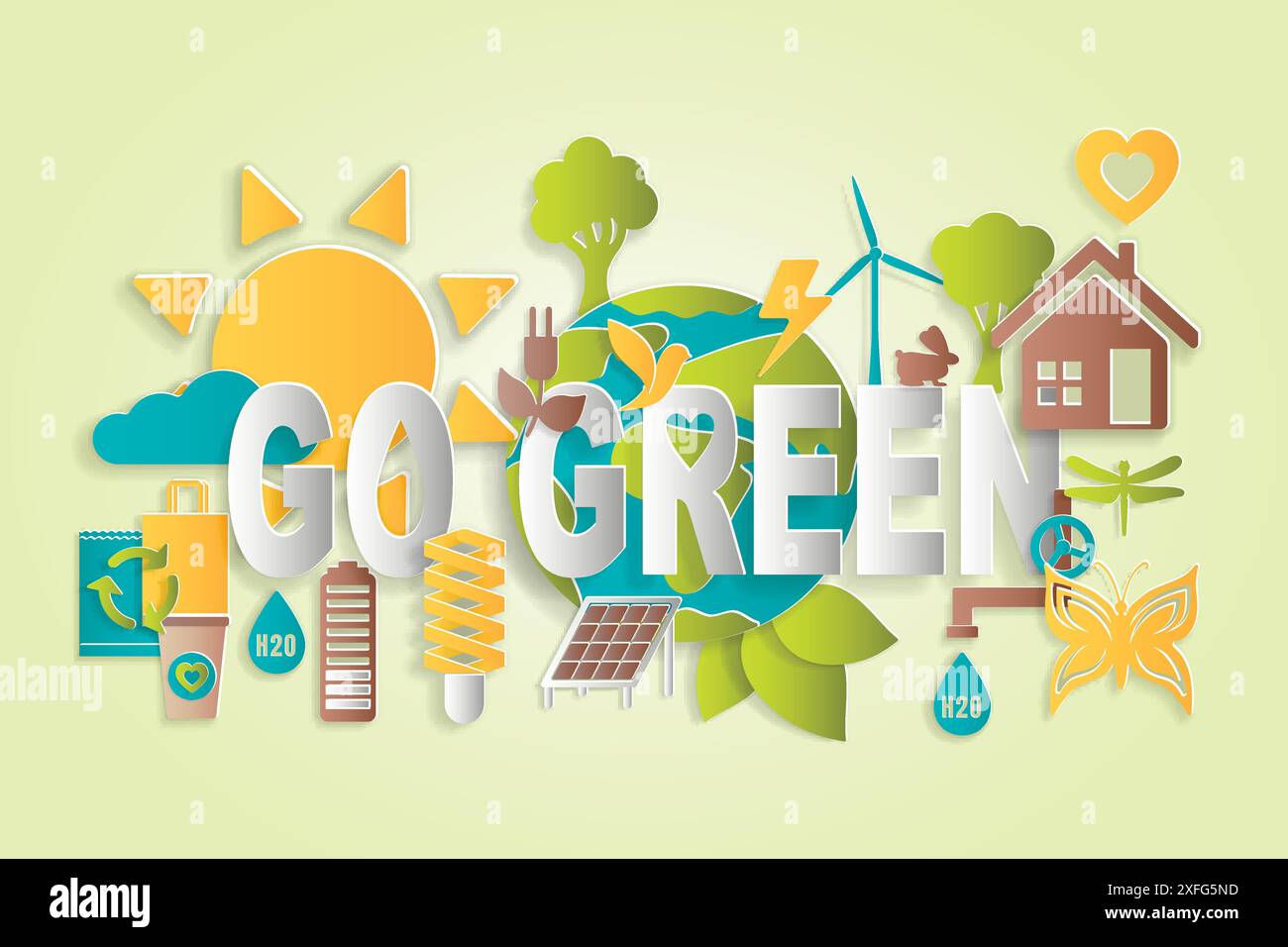 Ecology concept with Go Green words in the center for graphic and web design, paper cut style vector illustration Stock Vector