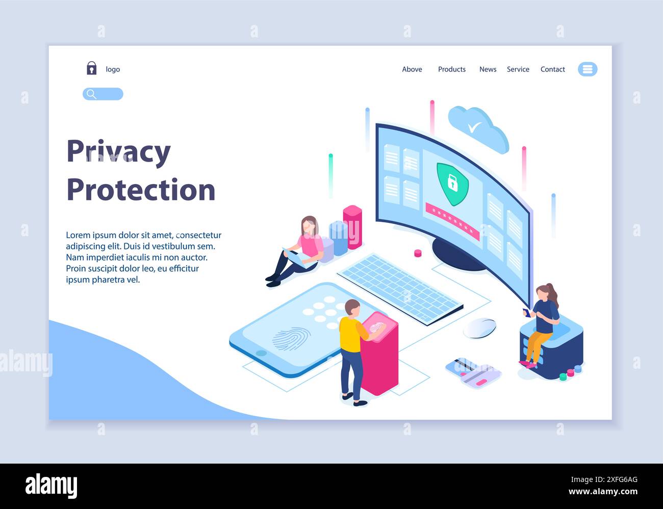 Creative website template of privacy protection concept, 3D isometric design vector illustration Stock Vector