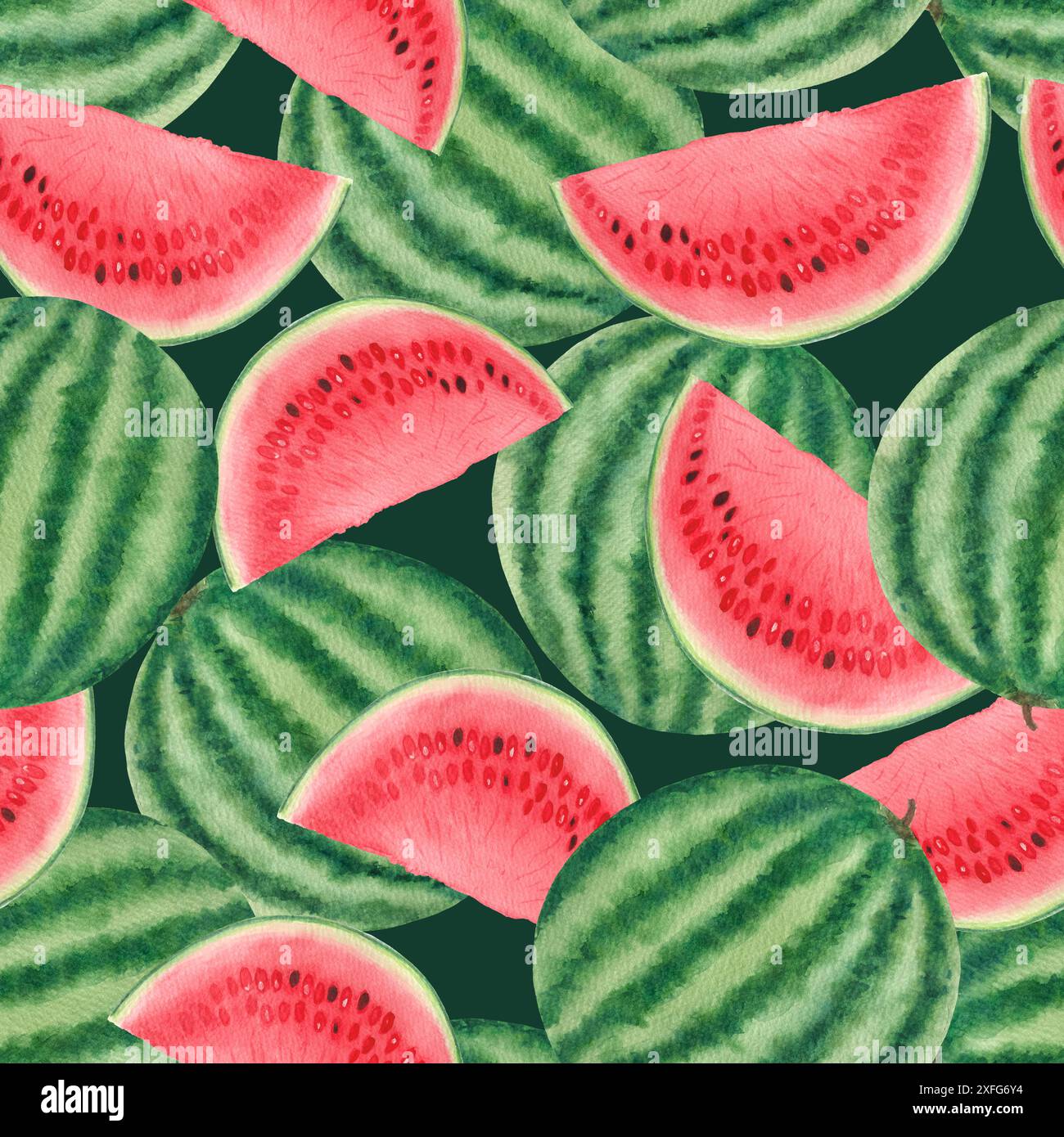 Watermelon whole, juicy slice with a few seeds. Watercolor seamless ...