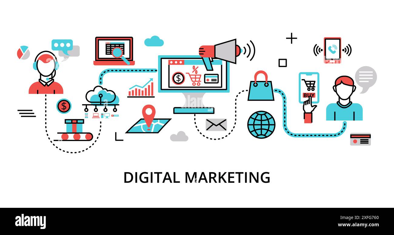 Modern flat thin line design vector illustration, concept of digital marketing, internet marketing idea and new market trends analysis for graphic and Stock Vector