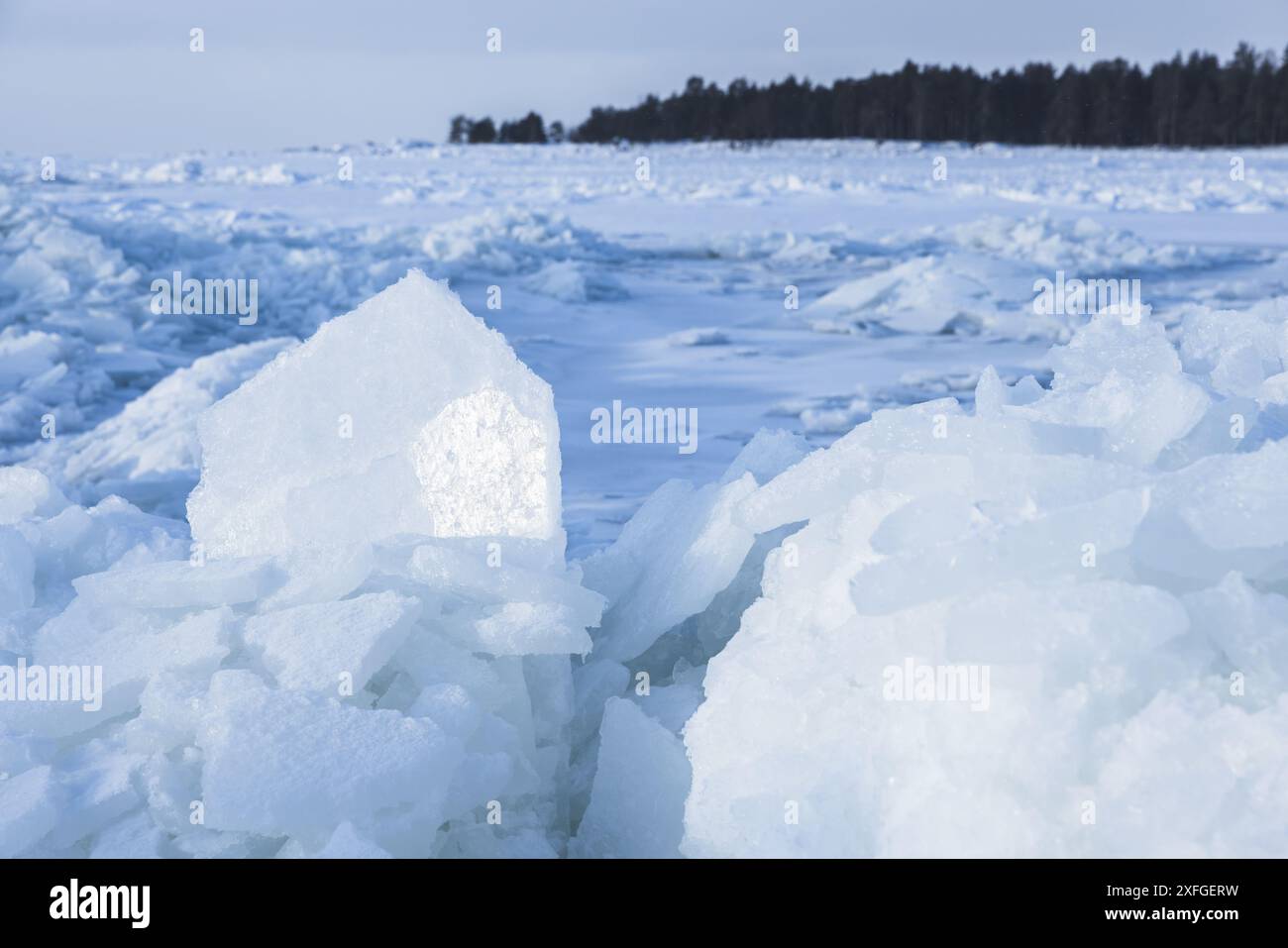 Landscape with frozen Baltic Sea on a sunny winter day. Ice hummocks cover the coast Stock Photo