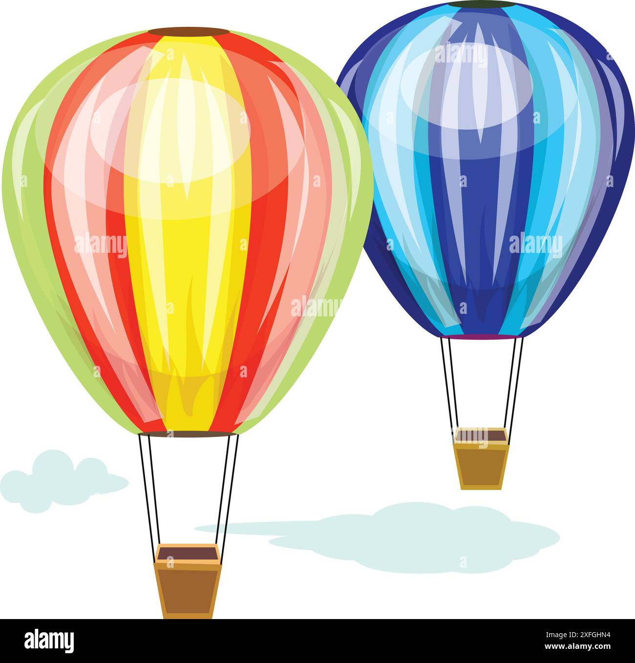 Two colorful hot air balloons floating in a blue sky with white clouds ...