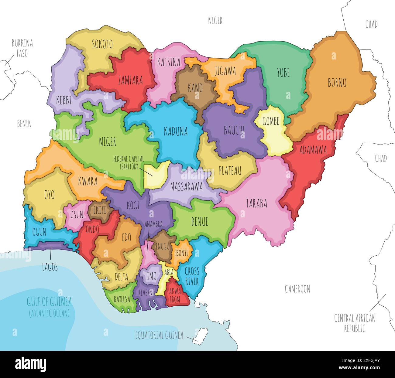 Vector illustrated regional map of Nigeria with states and