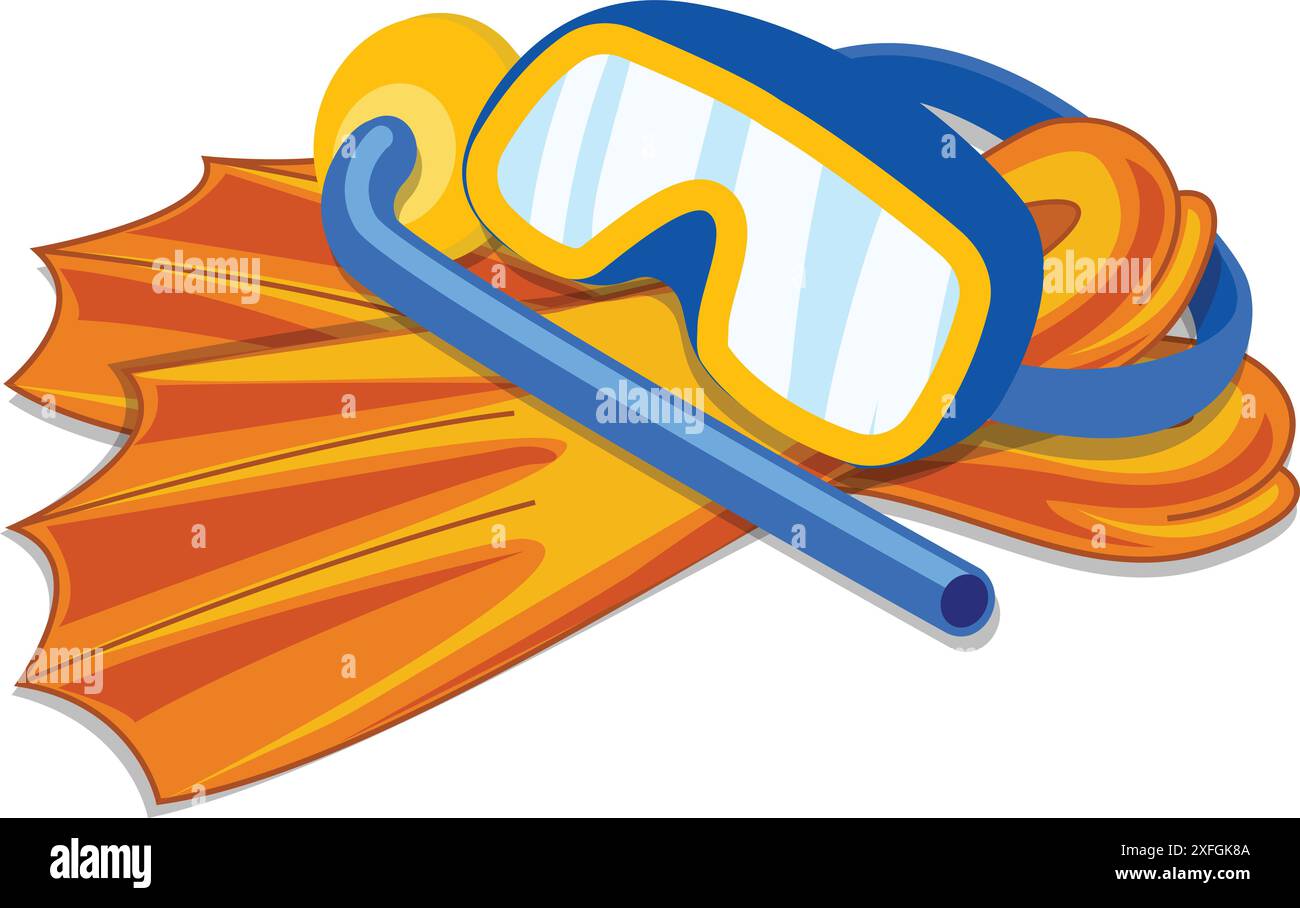 Diving equipment set with yellow flippers, blue snorkel and mask is ...