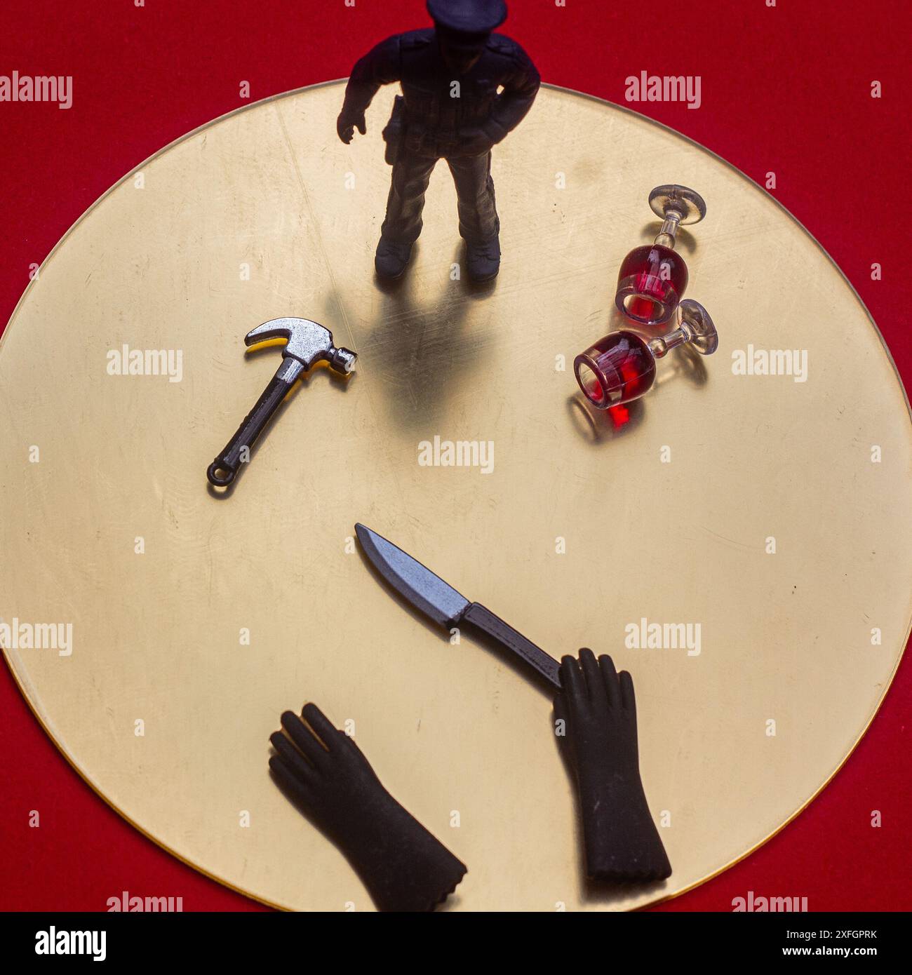 Square crime concept with gloves and knife and detective on gold and red background Stock Photo