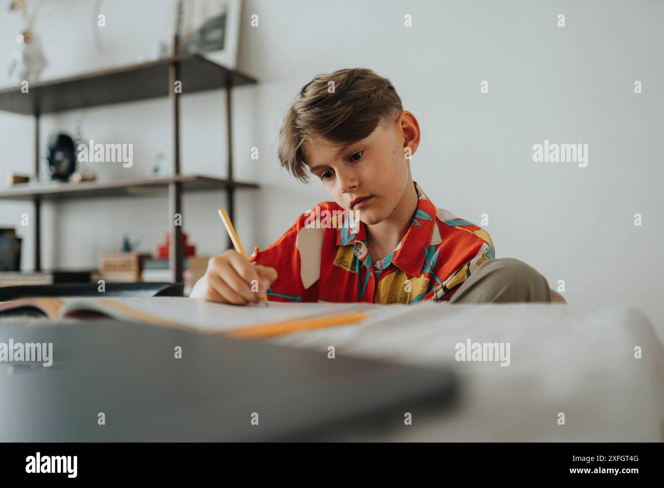 Focused boy doing homework at home Stock Photo