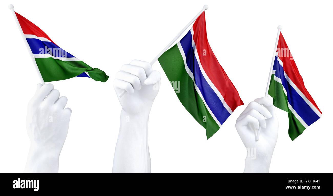 Hands waving flag of Gambia isolated on white. 3d Rendering Stock Photo ...