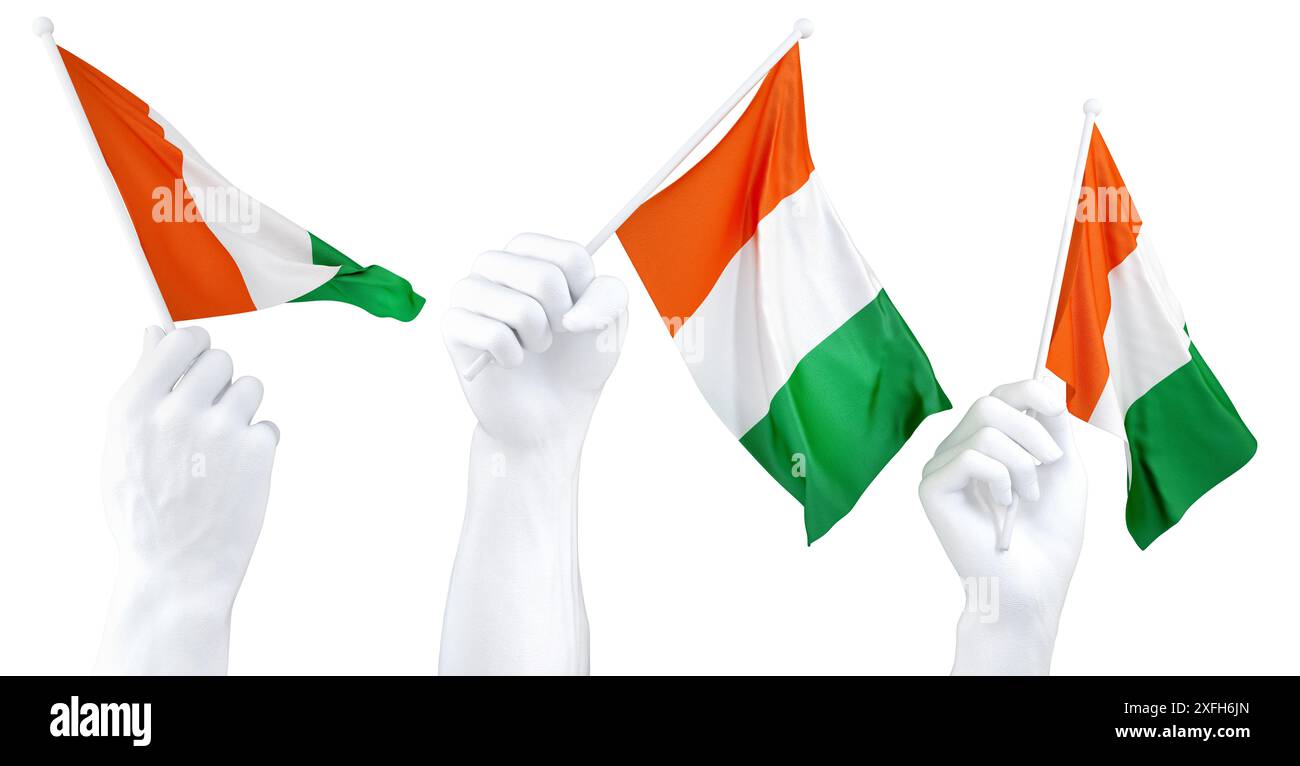 Hands waving flag of Ivory Coast isolated on white. 3d Rendering Stock Photo