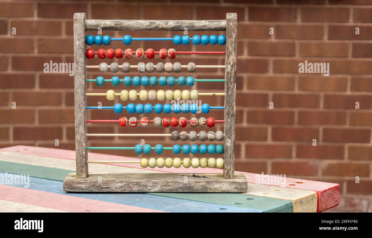 Traditional Vintage style Abacus On brick Background, vintage school days concept Stock Photo