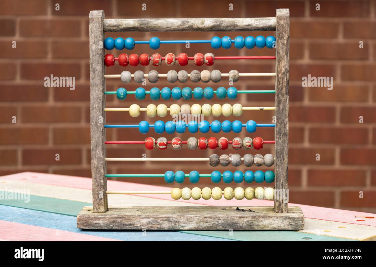 Traditional Vintage style Abacus On brick Background, vintage school days concept Stock Photo