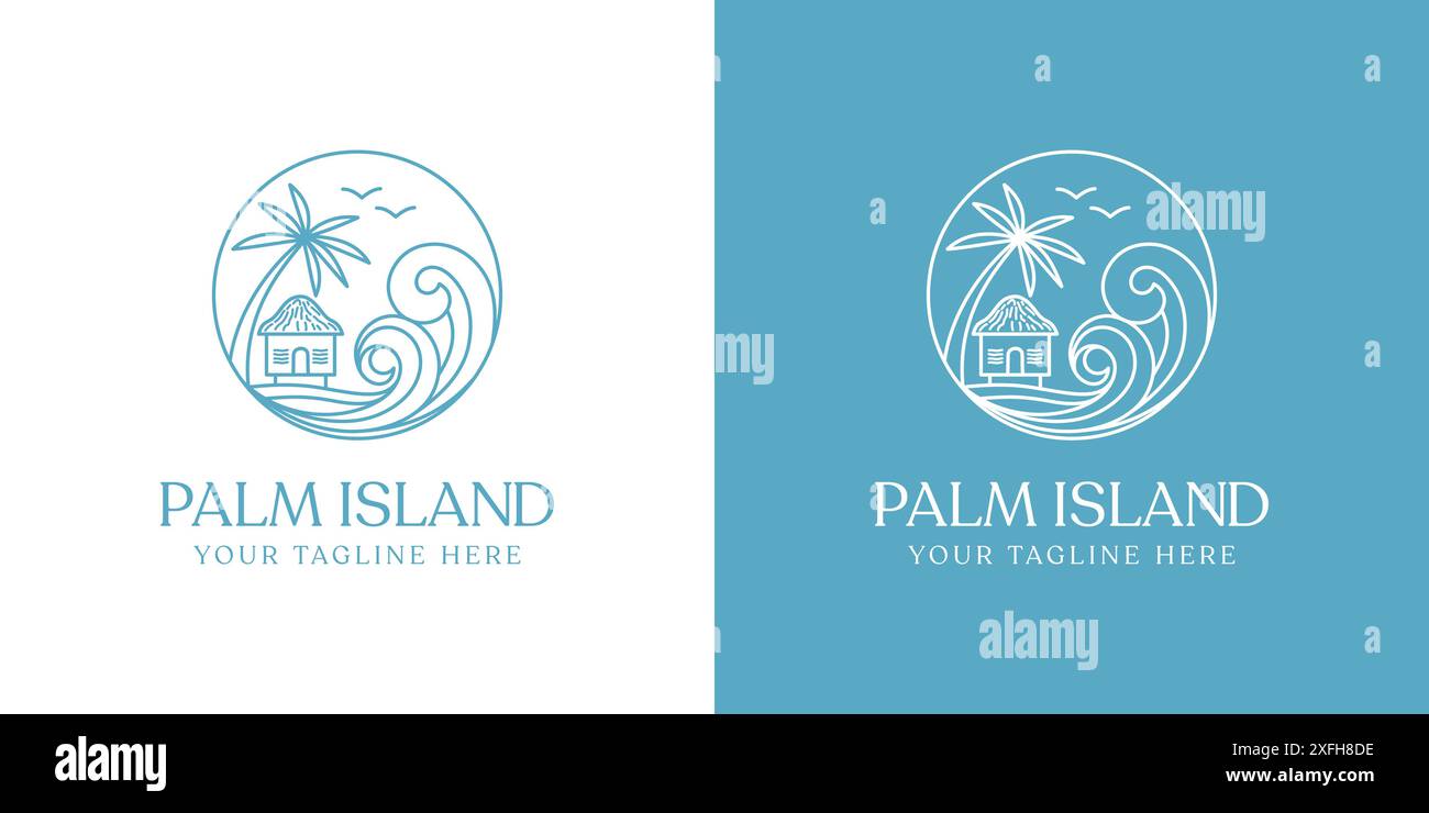 beach cottage resort logo design. The logo features a stylized illustration of a beach cottage, with a line art design style. Stock Vector