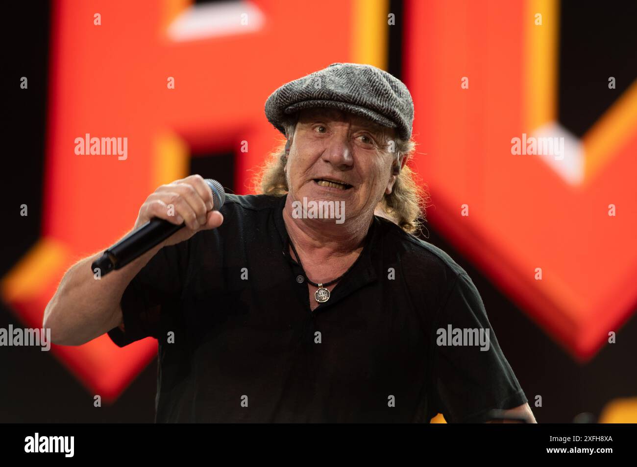 London, United KIngdom. 3rd July 2024. AC/DC singer Brian Johnson on stage for the first of two