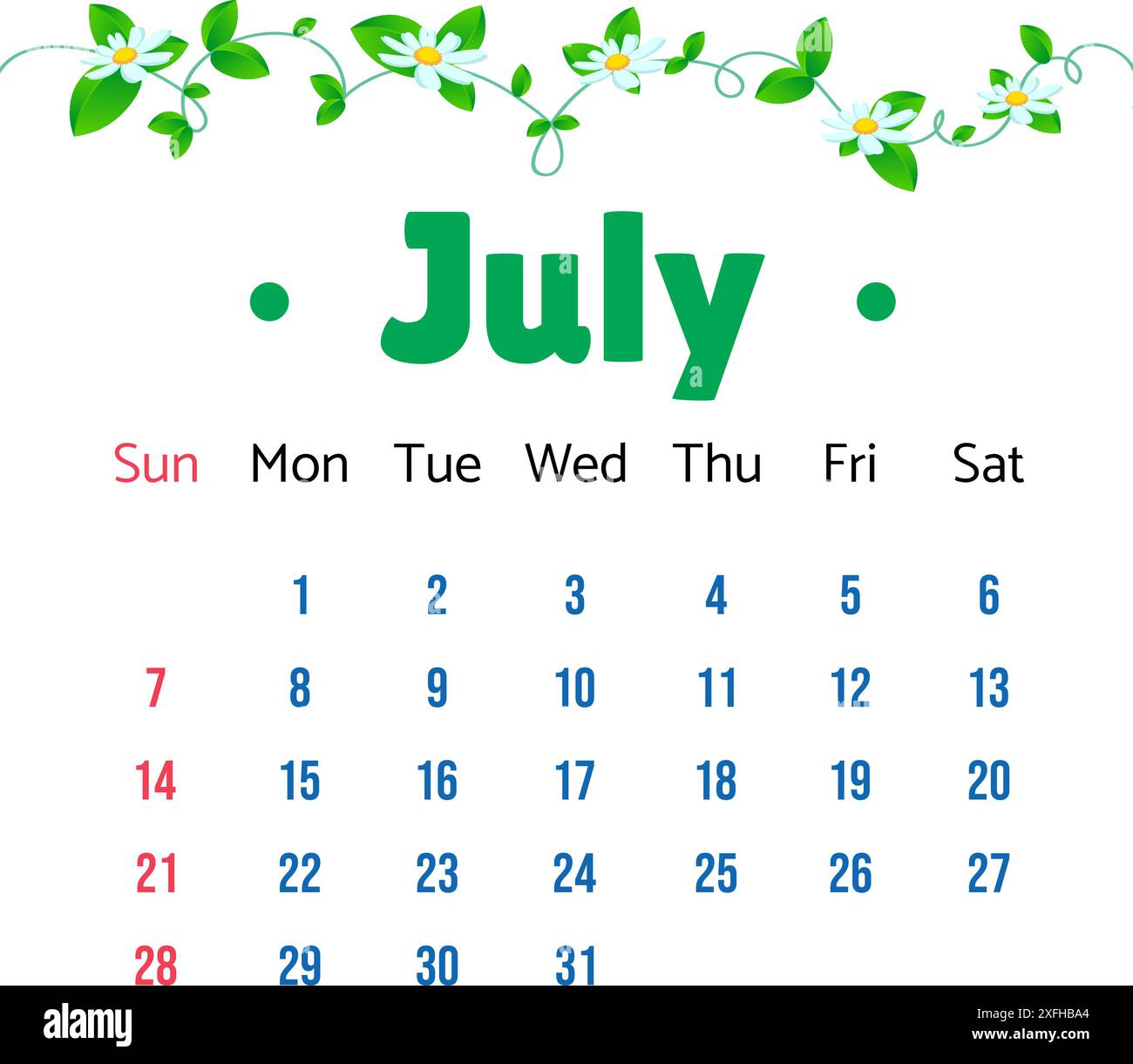 July 2024 Calendar. July 2024 Calendar with Vector daisies and green leaves Illustration. Wall Desk Calendar Vector Template, Simple Minimal Design. W Stock Vector