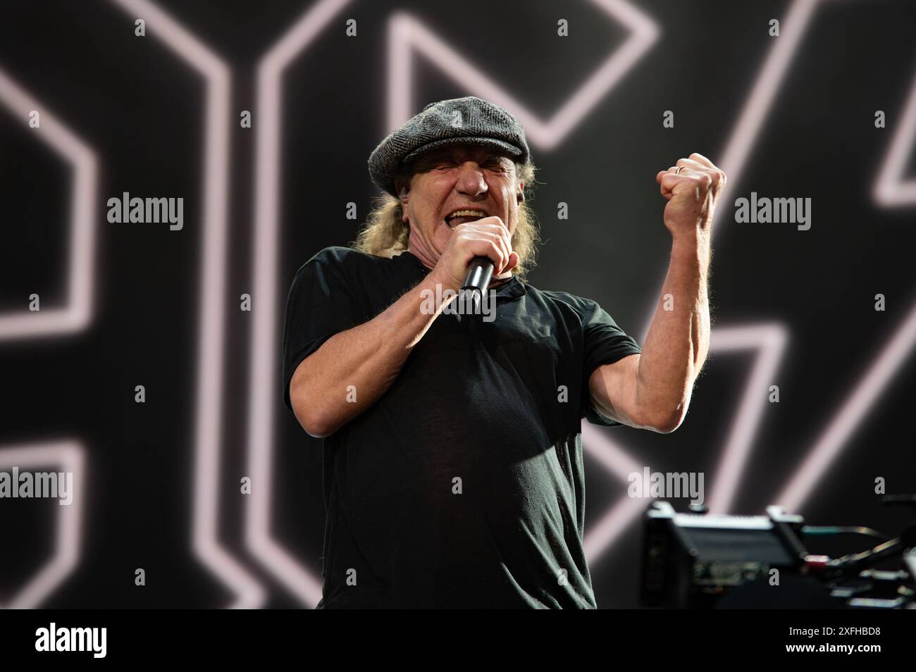 London, United KIngdom. 3rd July 2024. AC/DC singer Brian Johnson on stage for the first of two