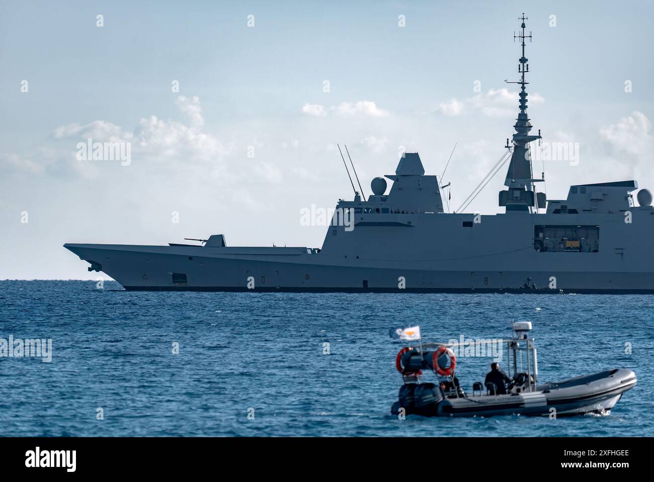 Offshore patrol vessel of Cyprus Navy in Akrotiri Bay with coast guard ...