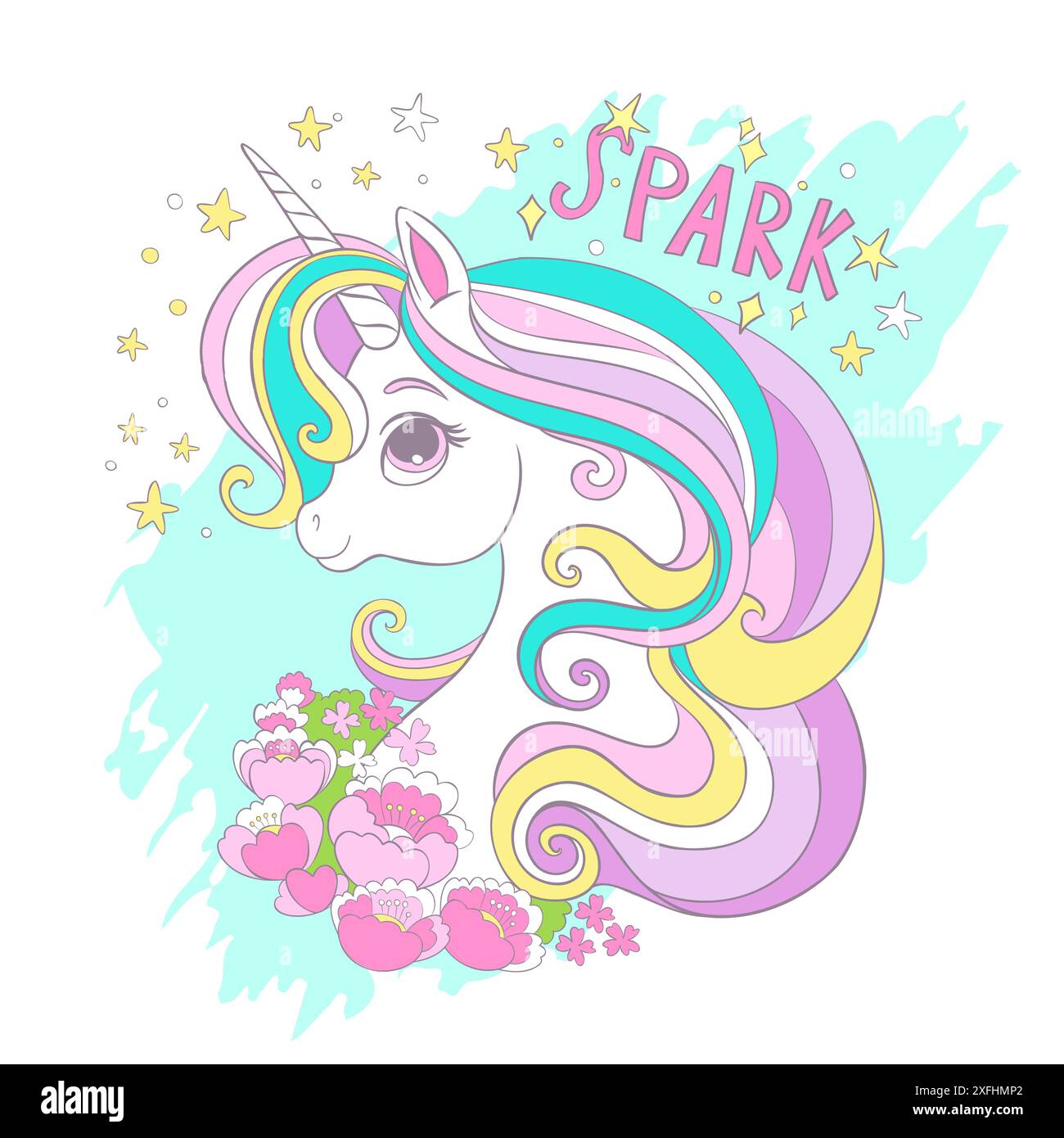 Greeting card with cute cartoon dreaming unicorn head with flowers and ...