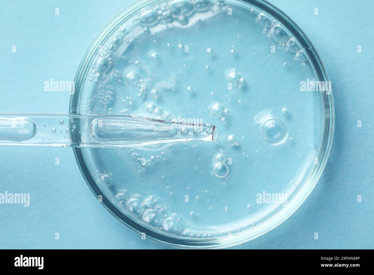 Glass pipette and petri dish with liquid on light blue background, top ...