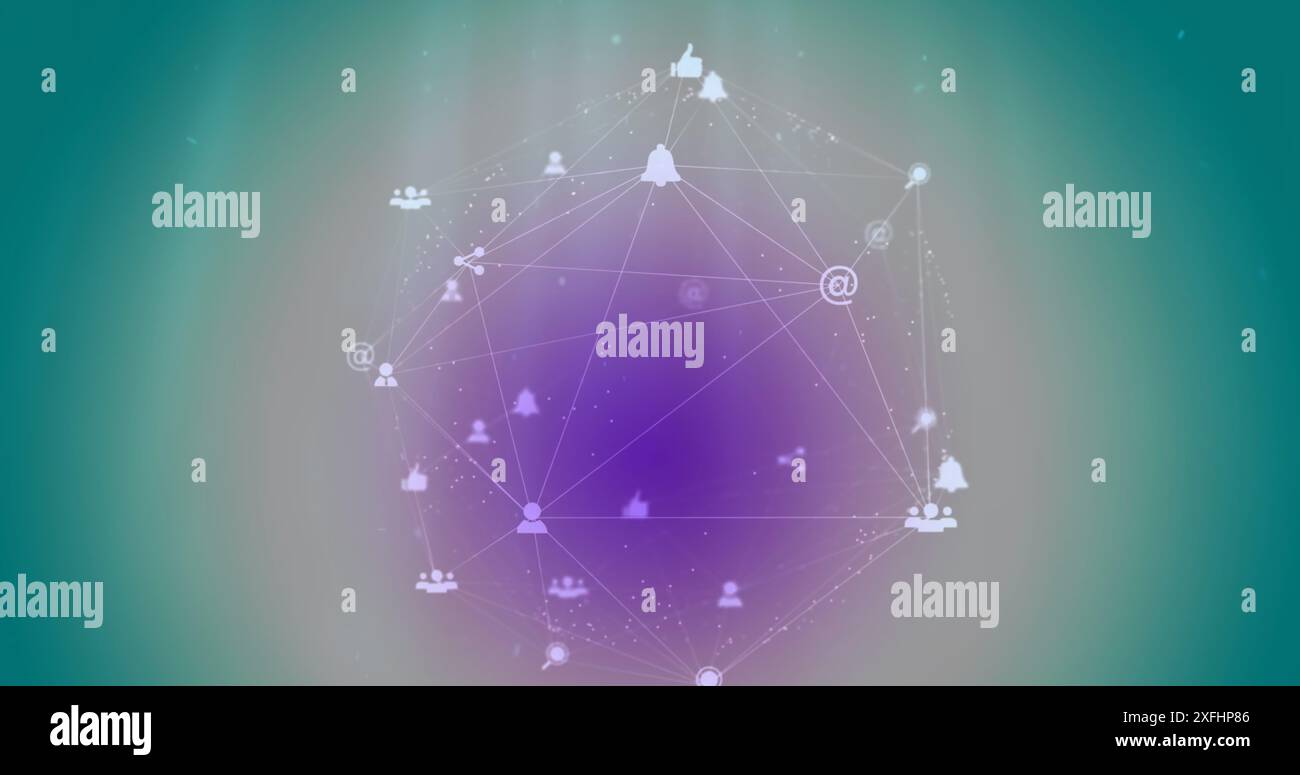 Image of purple pattern in connected icons forming globe against blue background Stock Photo