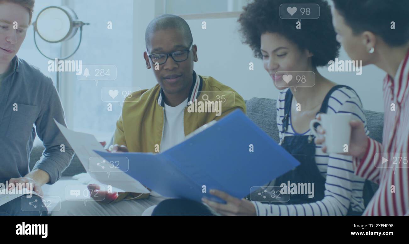 Image of notification bars over diverse coworkers sharing ideas in office Stock Photo