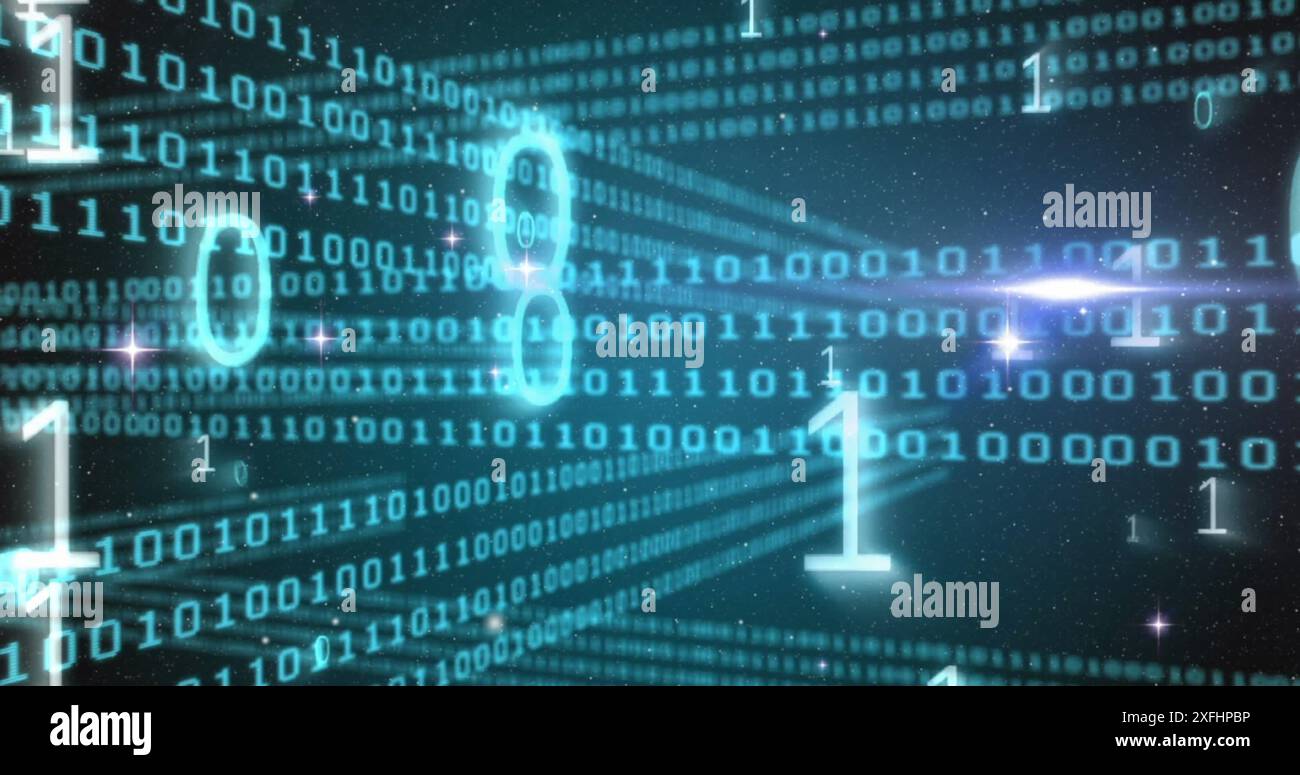 Image of binary coding data processing and light spot against blue background Stock Photo