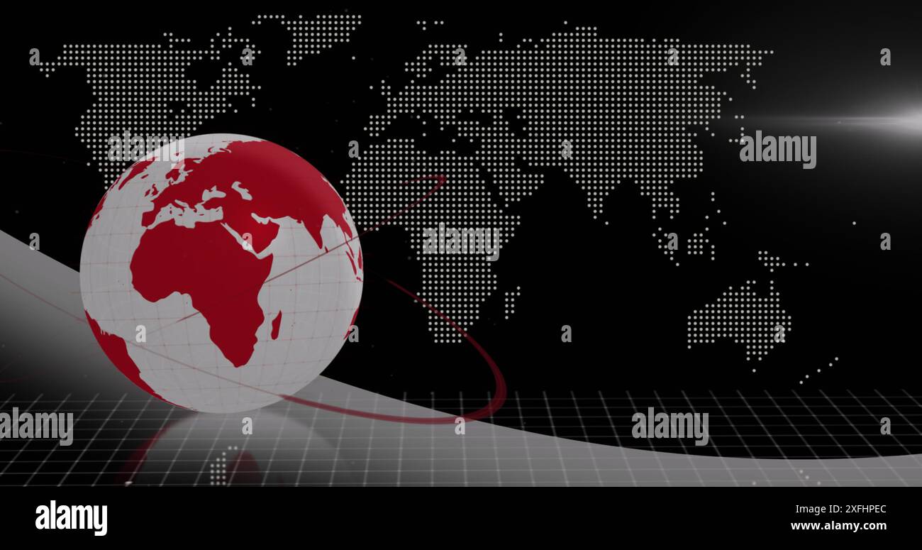 Image of connected icons with rotating globe and map over black background Stock Photo
