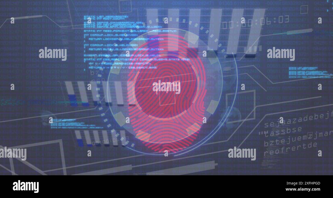 Image of data processing and fingerprint over diagrams Stock Photo