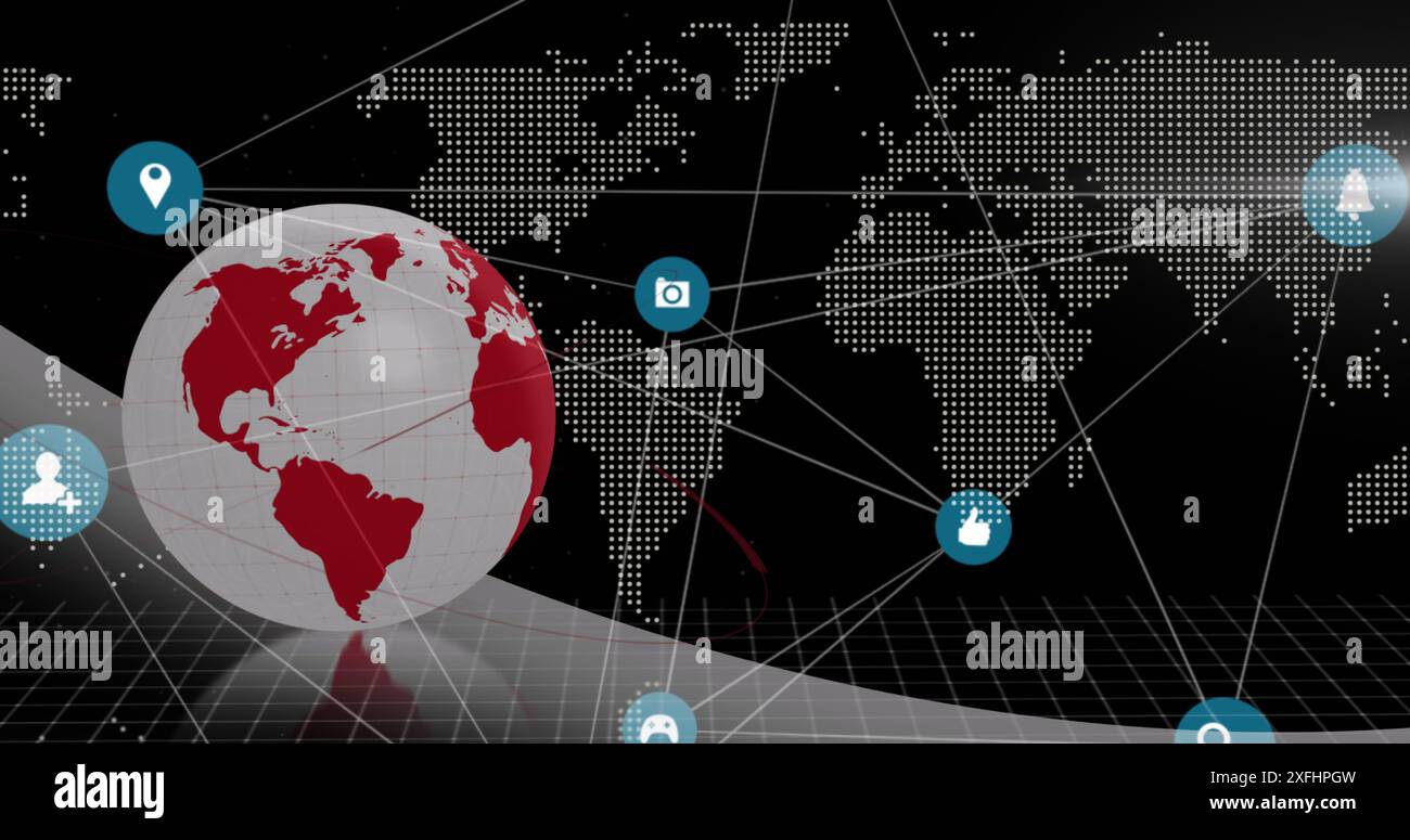 Image of connected icons with rotating globe and map over black ...