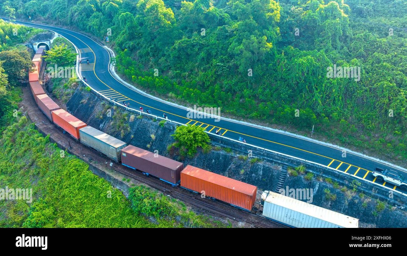 Aerial view of train and railway on Hai Van pass, Bach Ma mountain, Hue, Vietnam Stock Photo