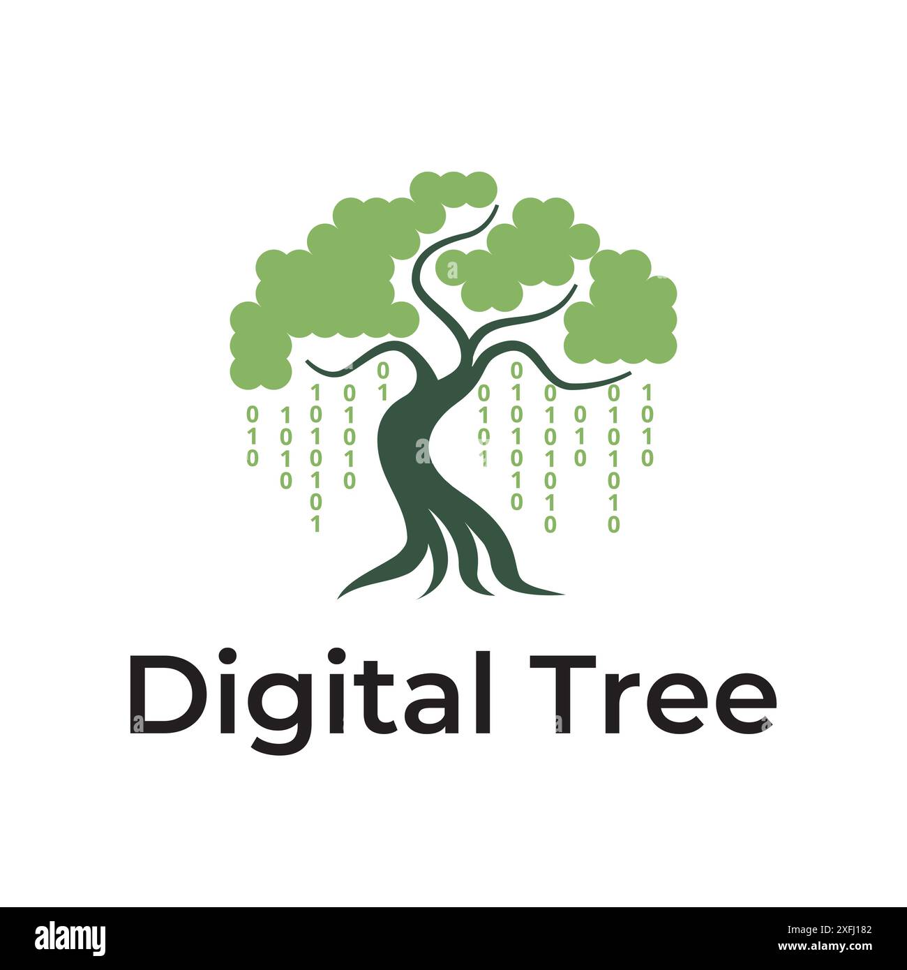 Digital Binary Code Banyan Oak Tree Nature Logo Template Stock Vector