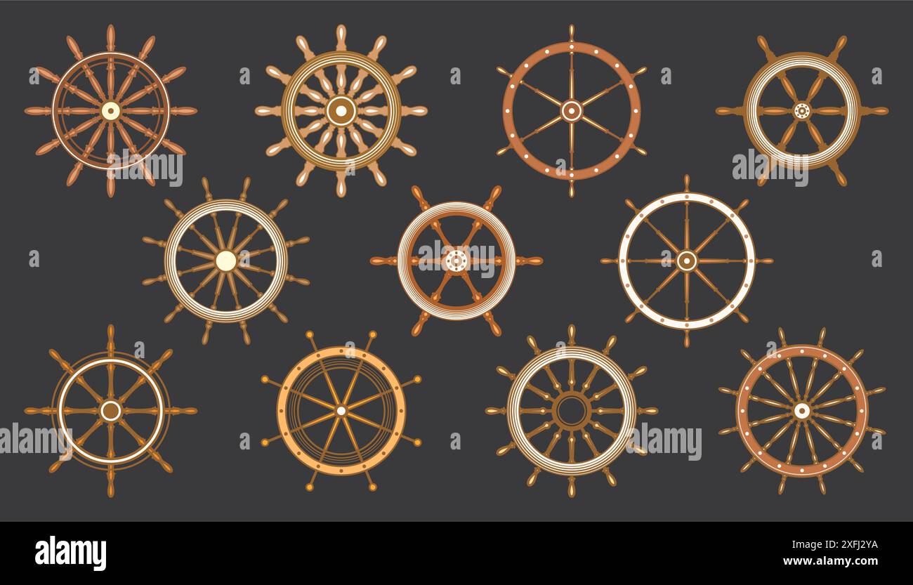 Wooden vintage steering wheels. Ship, sailboat or yacht retro wheel ...