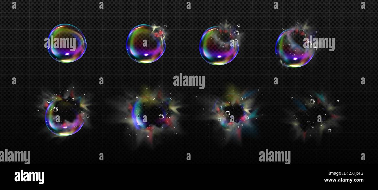 Iridescent soap bubble burst and disappear sequence steps for animation ...