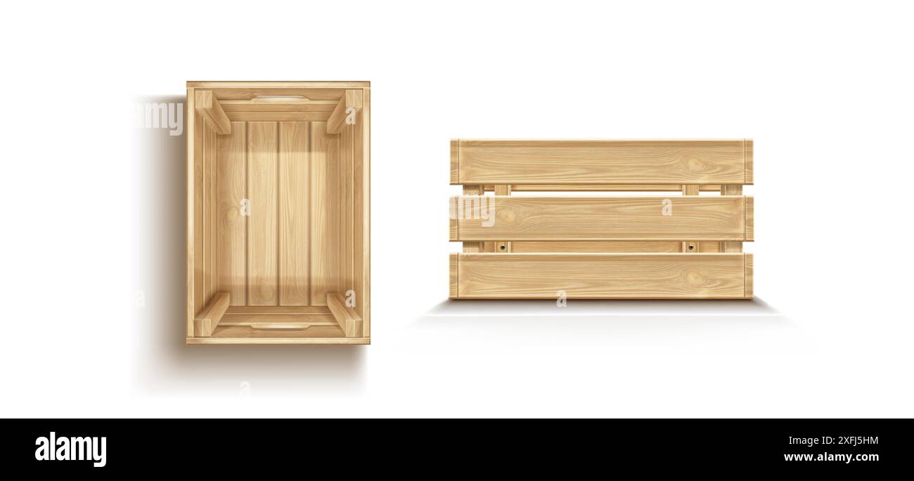 Wooden crate mockup set isolated on white background. Vector realistic illustration of empty plank box made of yellow oak wood, container for goods storage, shipment and delivery, food packaging Stock Vector