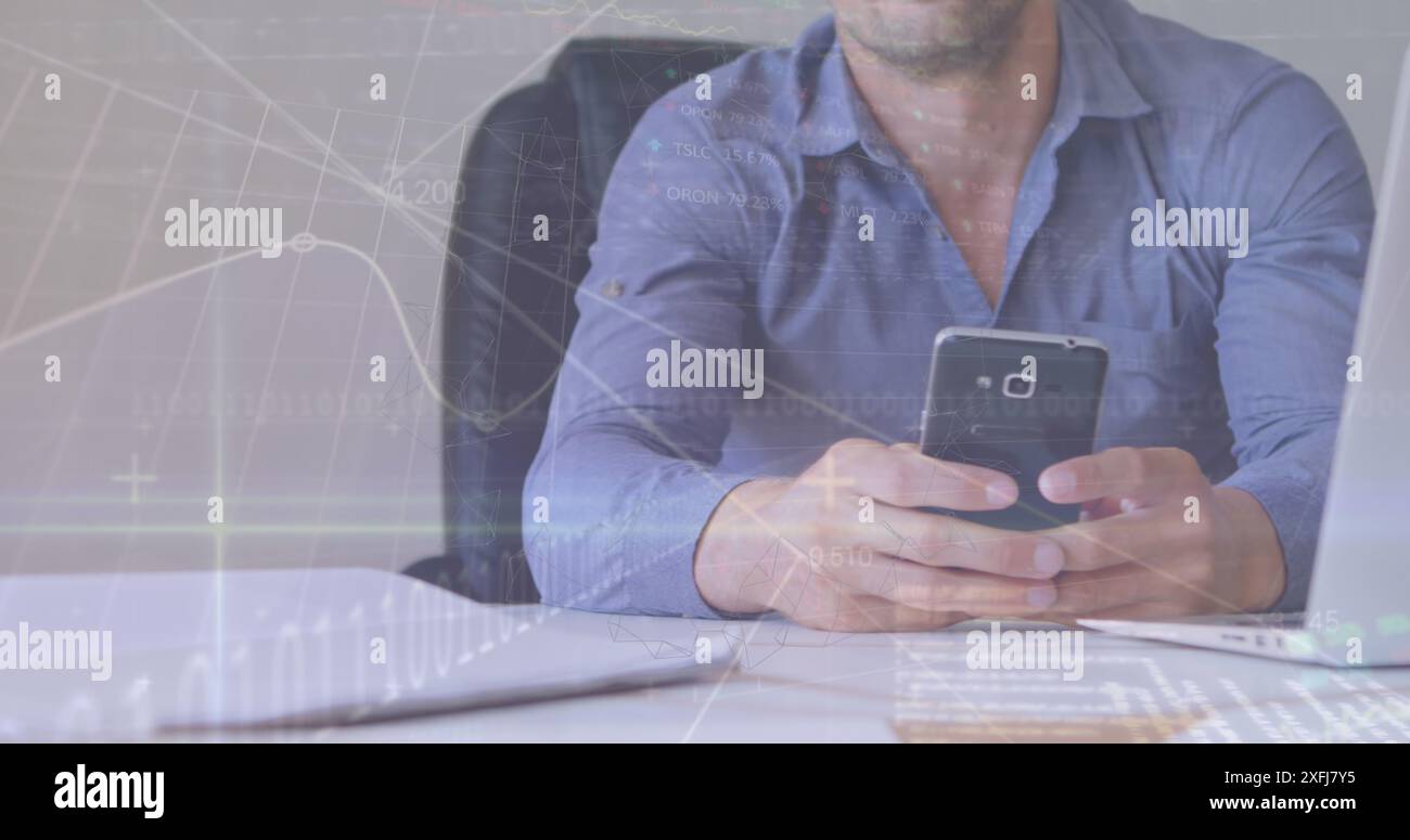 Image of graphs, binary codes, trading board over caucasian businessman using smartphone Stock Photo