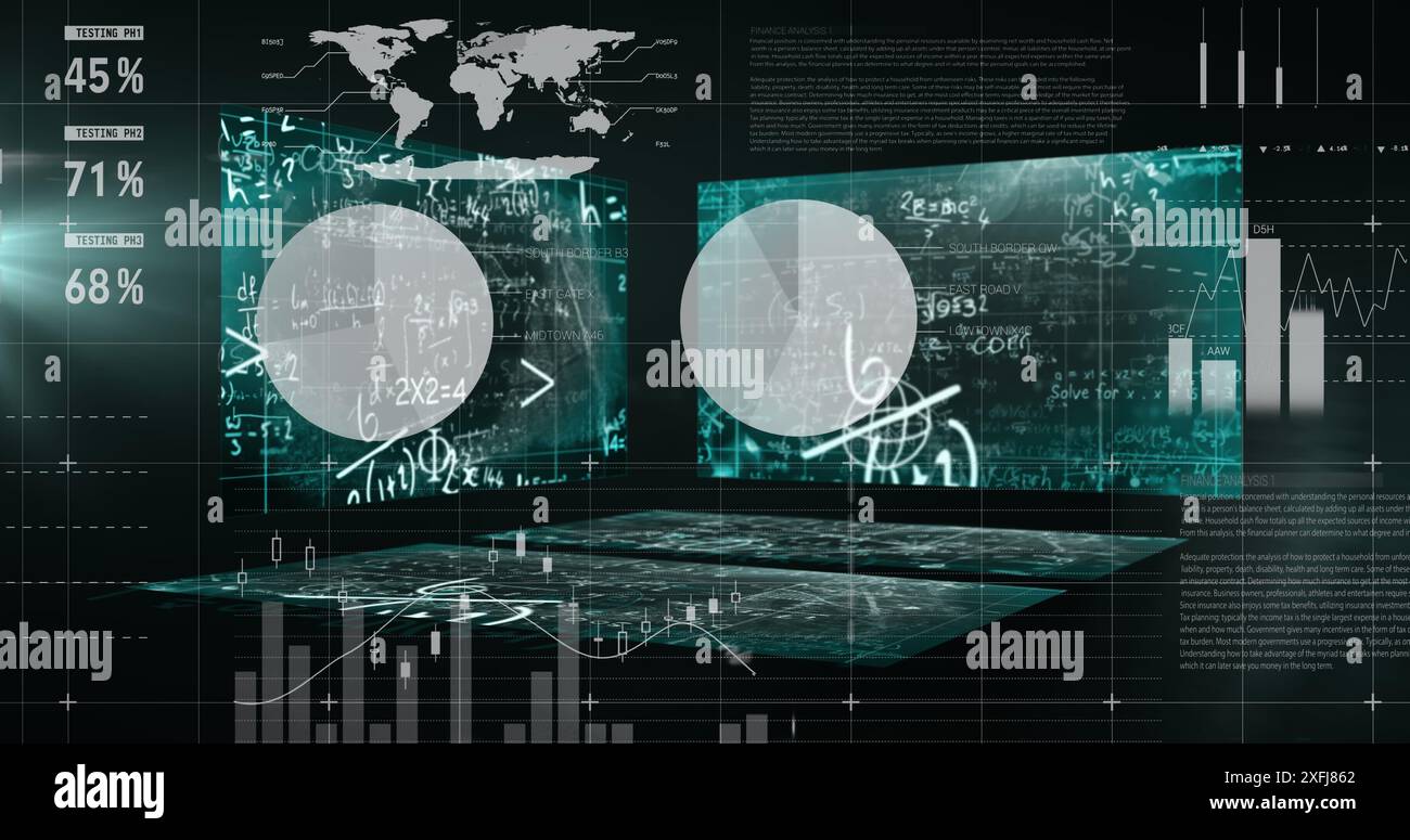 Image of data and statistics processing with world map over screens Stock Photo