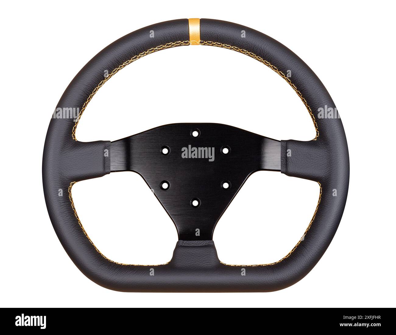 Black leather motorsport tuning car steering wheel with golden stich seams isolated on white background. automotive racing part and concept background Stock Photo