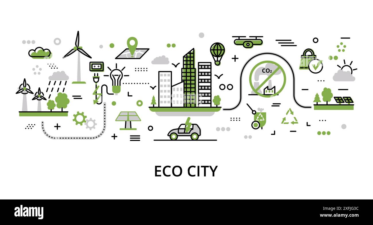 Infographic greenery Eco City concept, modern flat thin line vector ...